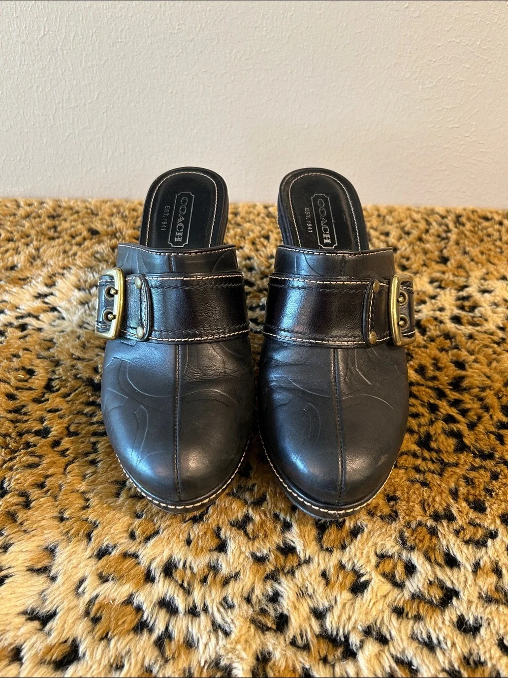 Coach Black Leather Buckle Clog Heels